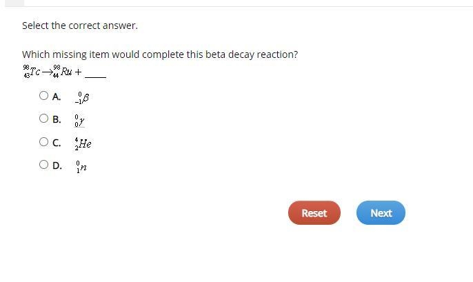 Which missing item would complete this beta decay reaction?-example-1