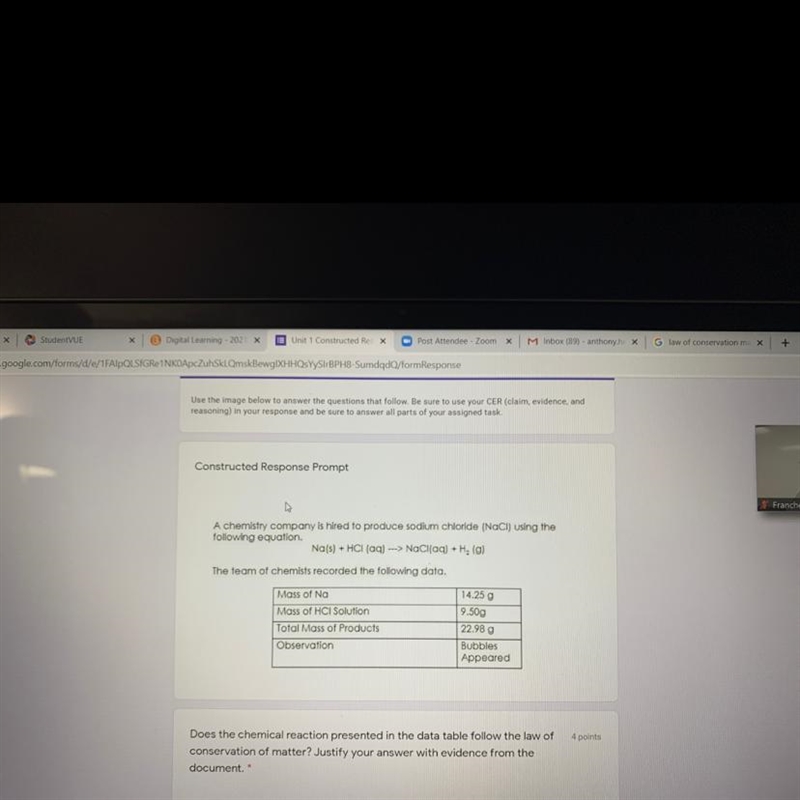 Does the chemical reaction presented in the data table follow the law of conservation-example-1