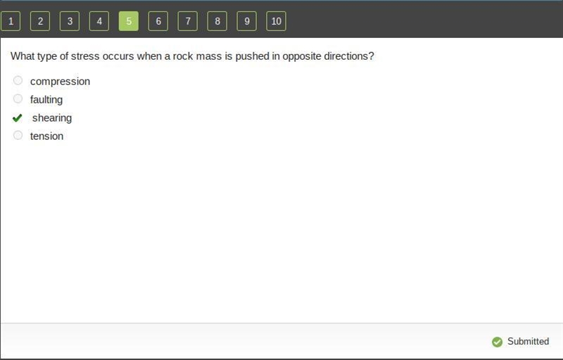 What type of stress occurs when a rock mass is pushed in opposite directions?-example-1