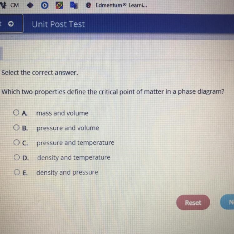 Which two properties define the critical point of matter in a phase diagram?-example-1