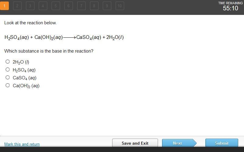 Look at the reaction below. Which substance is the base in the reaction? 2H2O (l) H-example-1