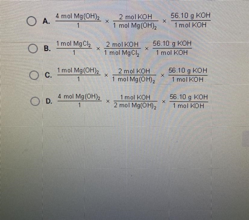 Which equation shows how to calculate how many grams (g) of KOH would be needed to-example-1