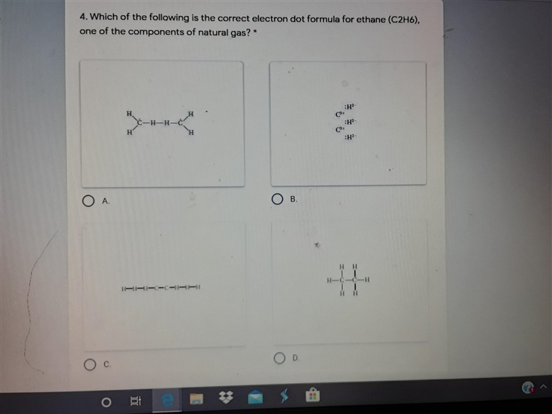 Which of the following is the correct electron dot formula for ethane C2H6 one of-example-1