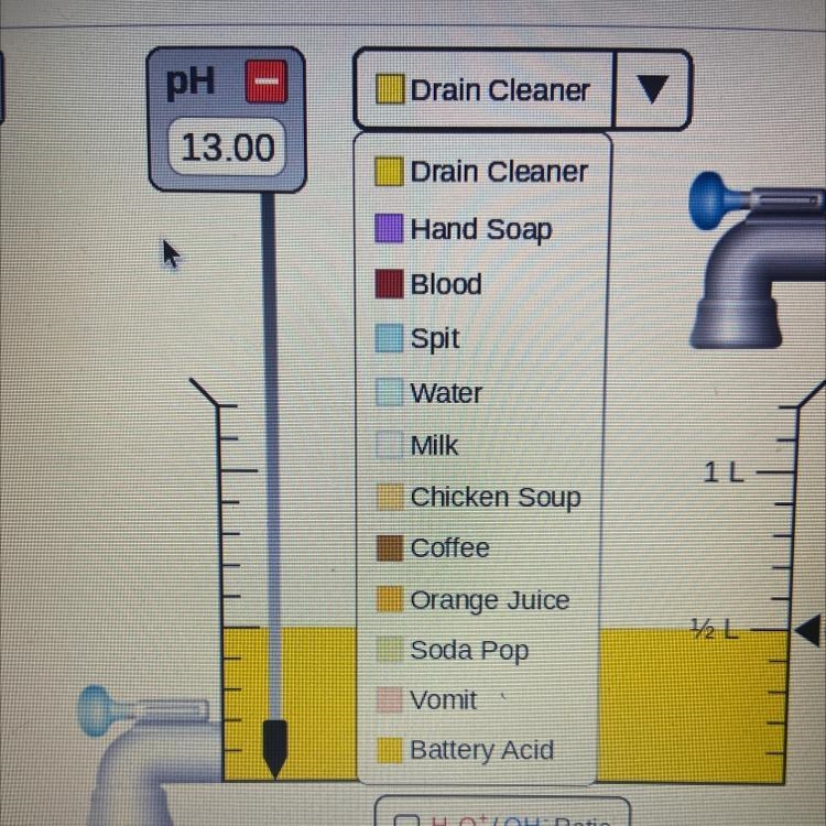 Which substances from the simulation are more alkaline than water? Which-example-1