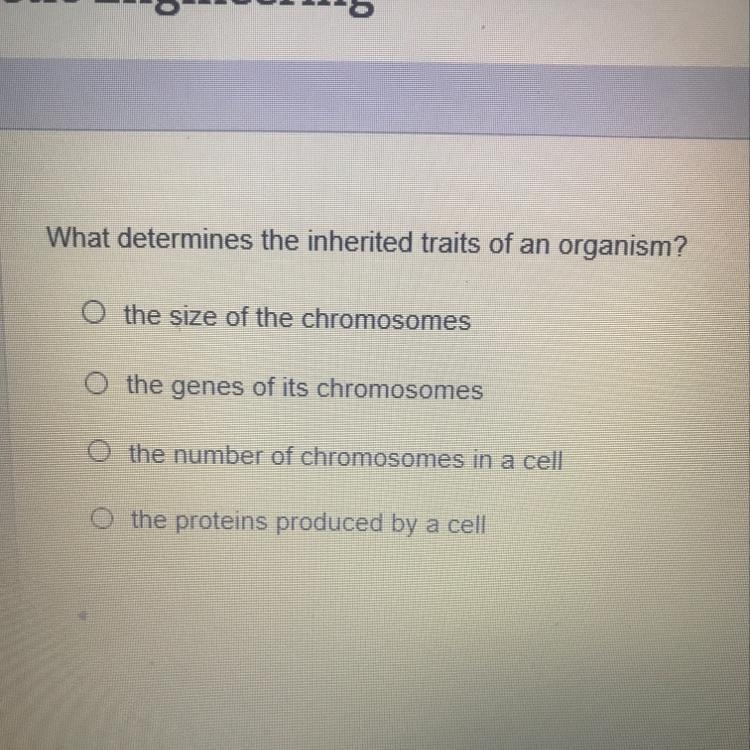 What determines the inherited traits of an organism? The sizes of the chromosomes-example-1