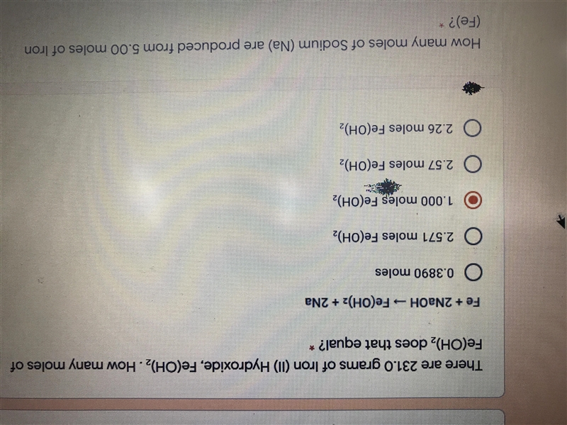 There are 231.0 grams of Iron (ll) Hydroxide, Fe(OH)2. How many moles of Fe(OH)2 does-example-1