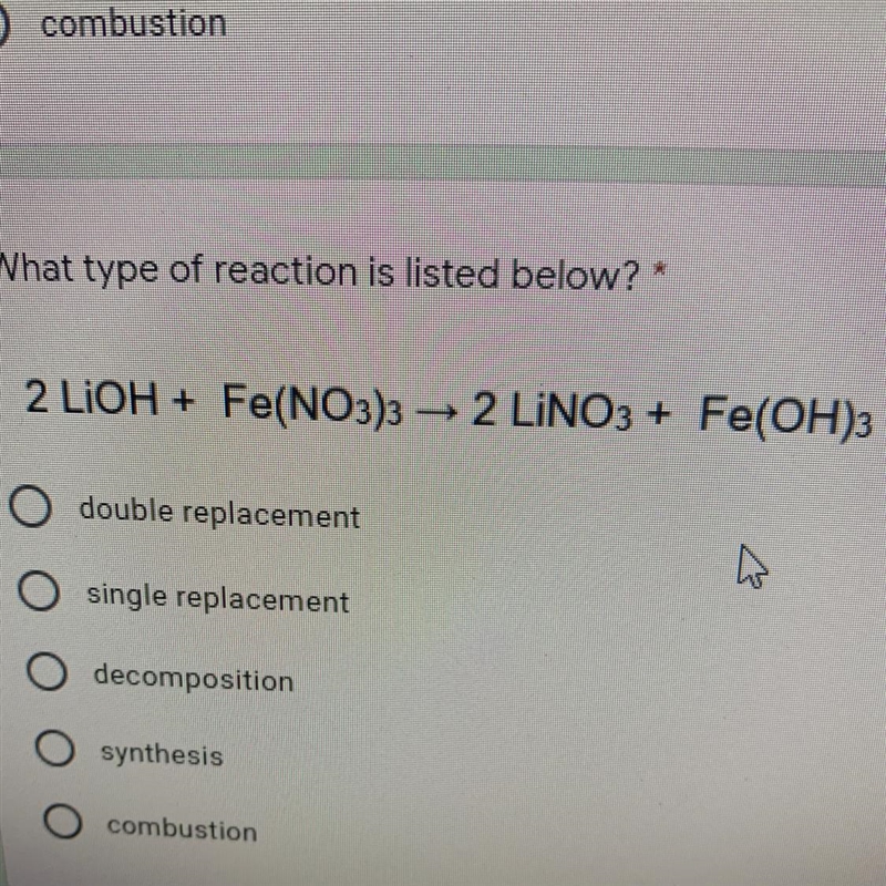 What type of reaction is listed below? * 2 LiOH + Fe(NO3)3 – 2 LINO3 + Fe(OH)3-example-1