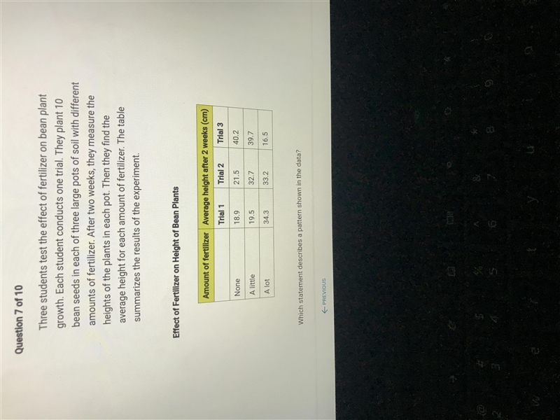 Pls help A. The trend in the data for trial 1 shows that plants grow taller if given-example-1