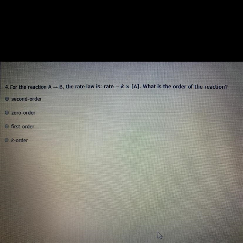 For the reaction A – B, the rate law is: rate = kx [A]. What is the order of the reaction-example-1