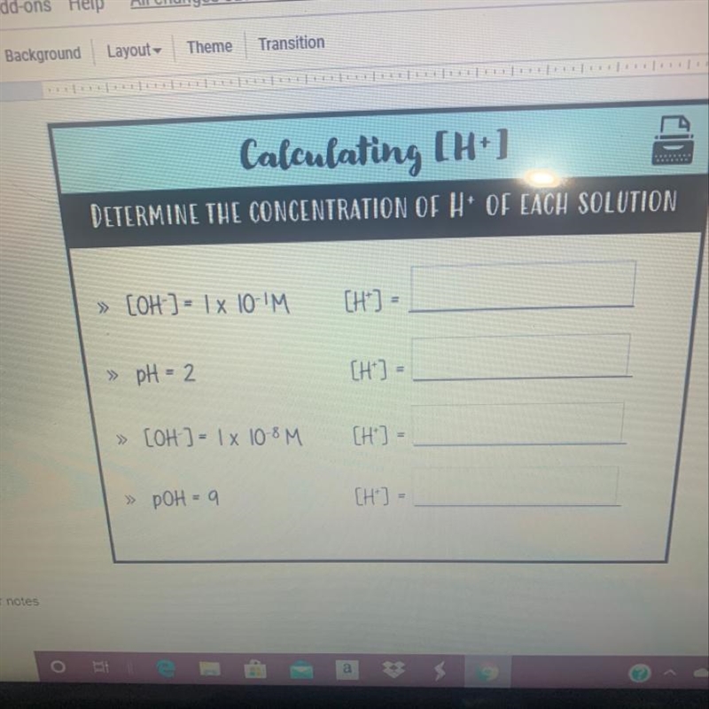 Calculating [H.] DETERMINE THE CONCENTRATION OF HOF EACH SOLUTION » [OH-] = 1 x 10-IM-example-1