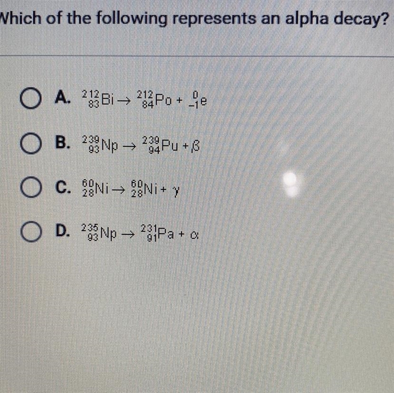 Which of the following represent an alpha decay?-example-1