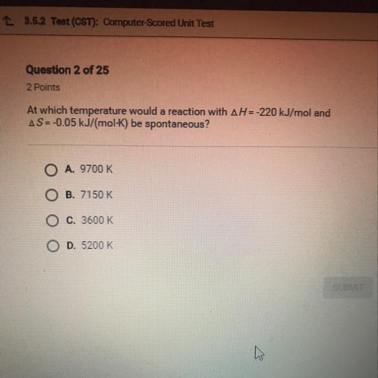 At which temperature would a reaction with AH = -220 kJ/mol and AS=-0.05 kJ/(mol-K-example-1