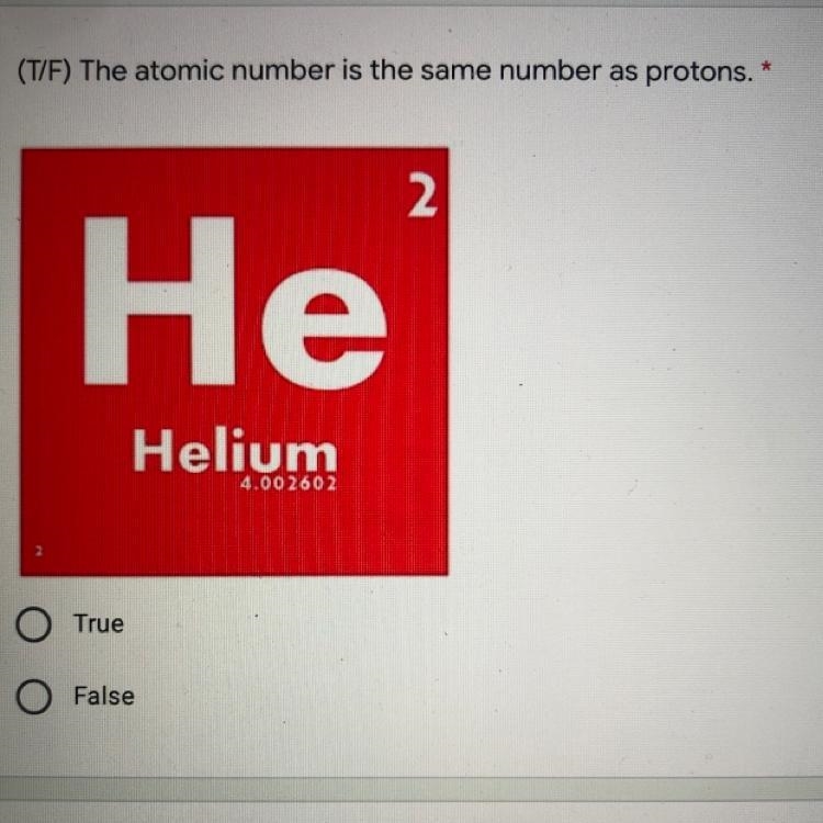 True or false/ the atomic number is the same as protons.-example-1