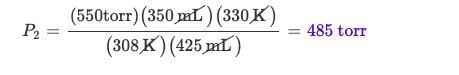 A 350. mL air sample collected at 35 degrees C has a pressure of 556 mm Hg. What pressure-example-1