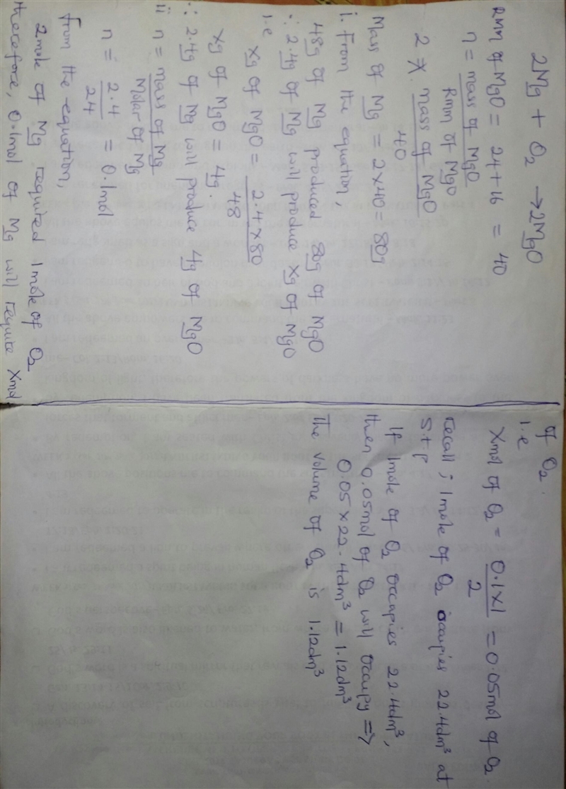 if 2.4g of magnesium burns in oxygen. calculate (I) the mass of magnesium oxide formed-example-1