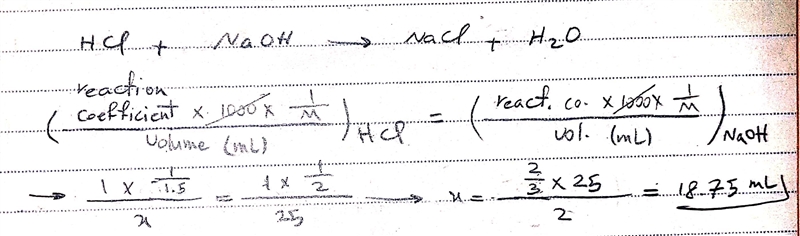 How many mL of 1.50 M hydrochloric acid will neutralize 25 mL of 2.00 sodium hydroxide-example-1