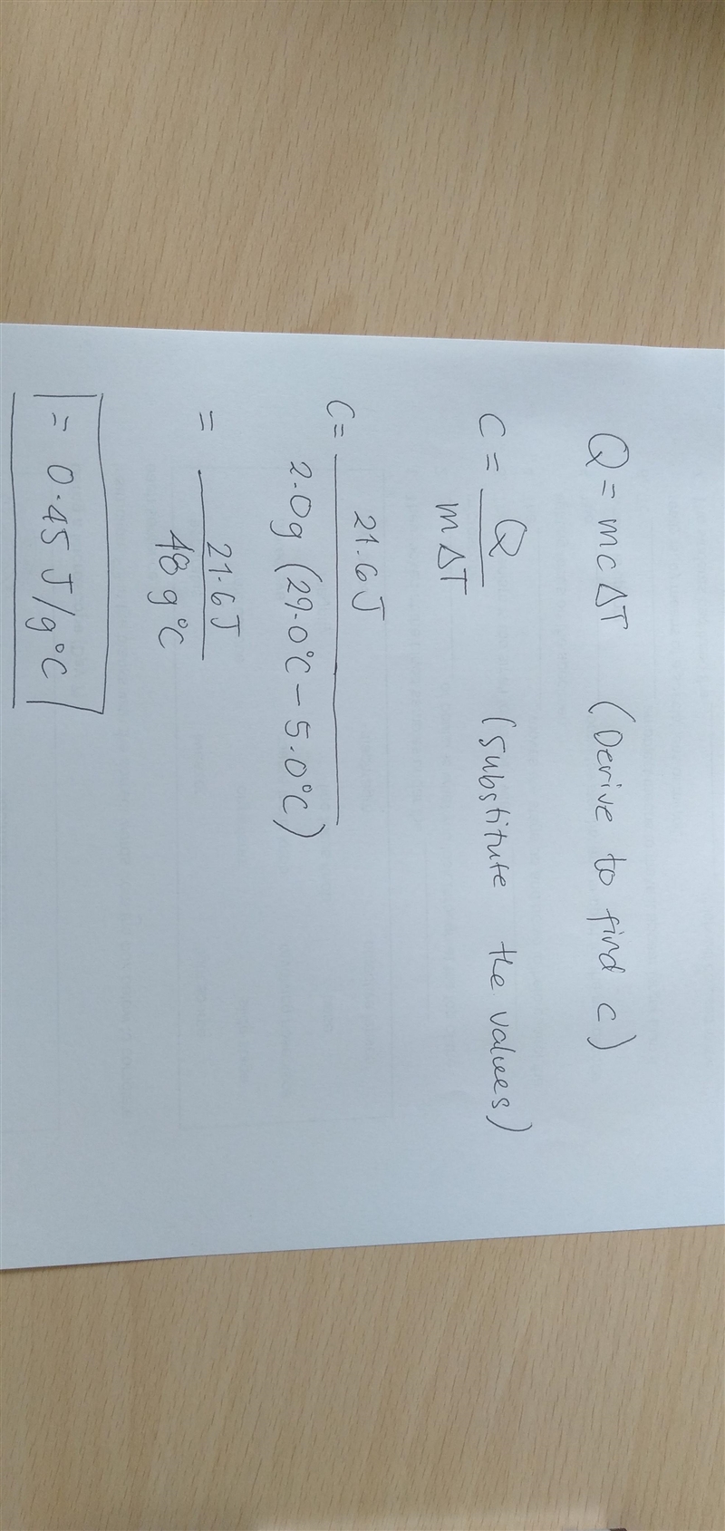 21.6 J of energy are used to heat a 2.0 g piece of iron from 5.0oC to 29.0oC. What-example-1