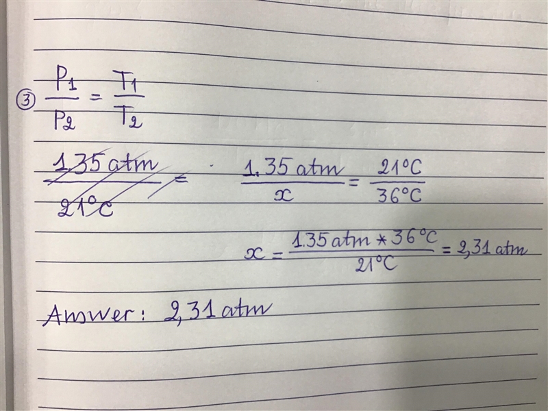 The pressure of a gas is 1.35 atm at temperature of 21oC. If the volume and amount-example-2