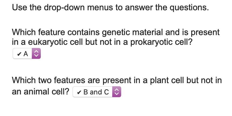 Use the drop-down menus to answer the questions. Which feature contains genetic material-example-1