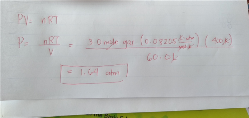 A container with 3.0 moles of gas has a volume of 60.0L with a temperature at 400.K-example-1