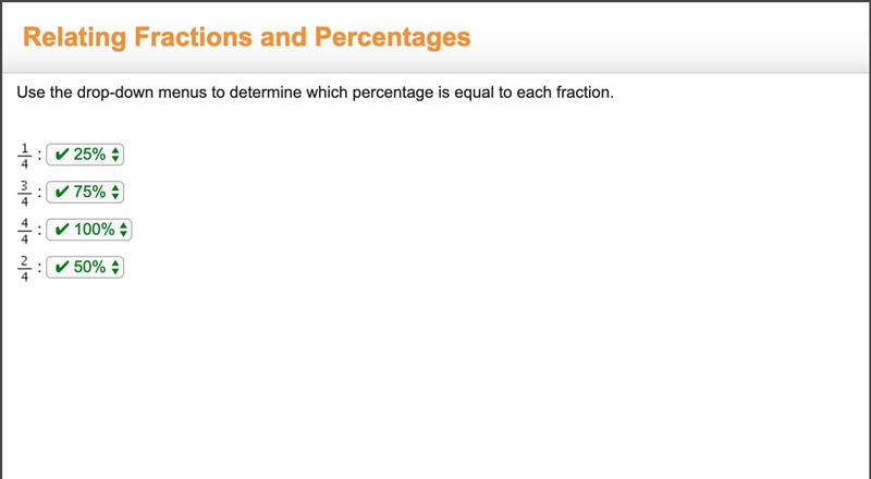 Use the drop-down menus to determine which percentage is equal to each fraction.-example-1