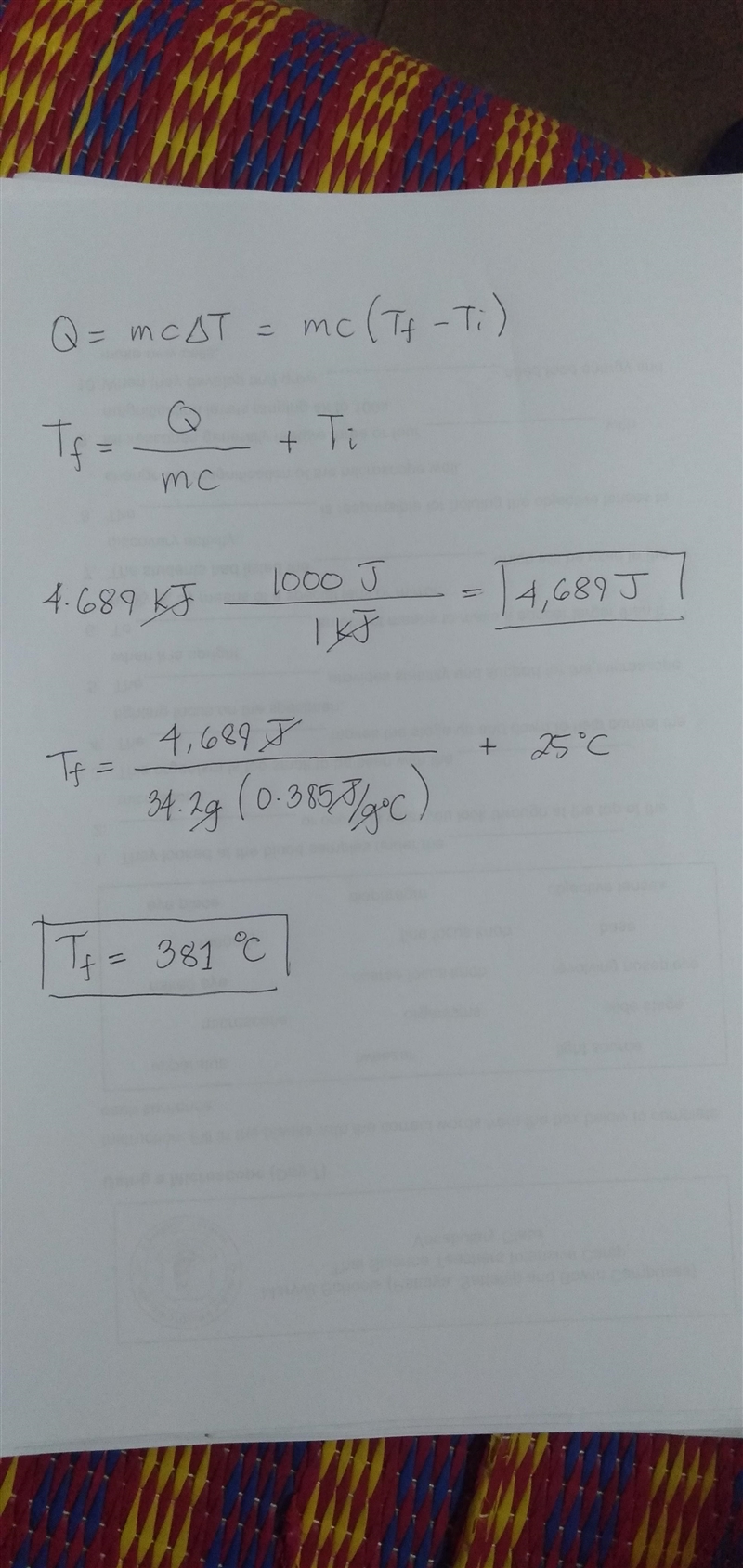 The specific heat of copper is 0.385 J/(g °C). If 34.2 g of copper, initially at 25°C-example-1