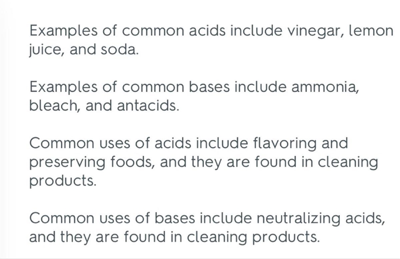 Identify two acids and two bases that you use or come into contact with in an average-example-1