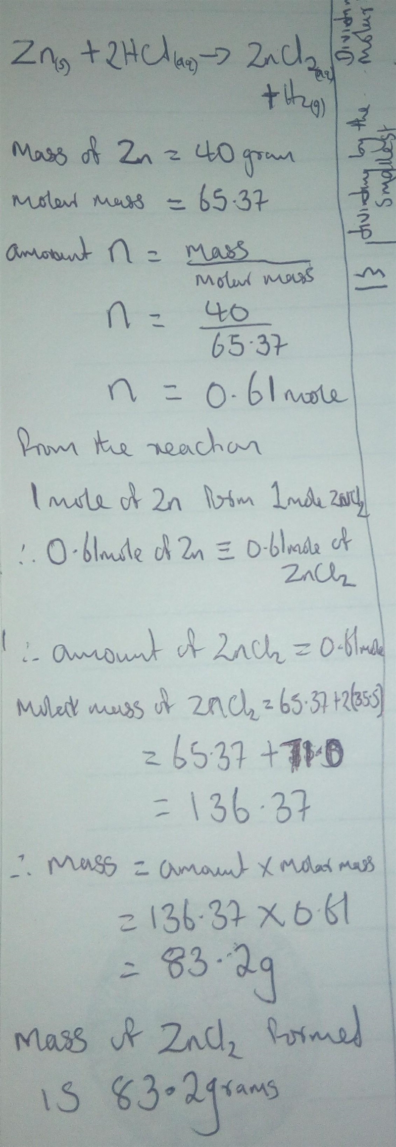 If 40.0 grams of zinc react with excess hydrochloric acid, how many grams of zinc-example-1