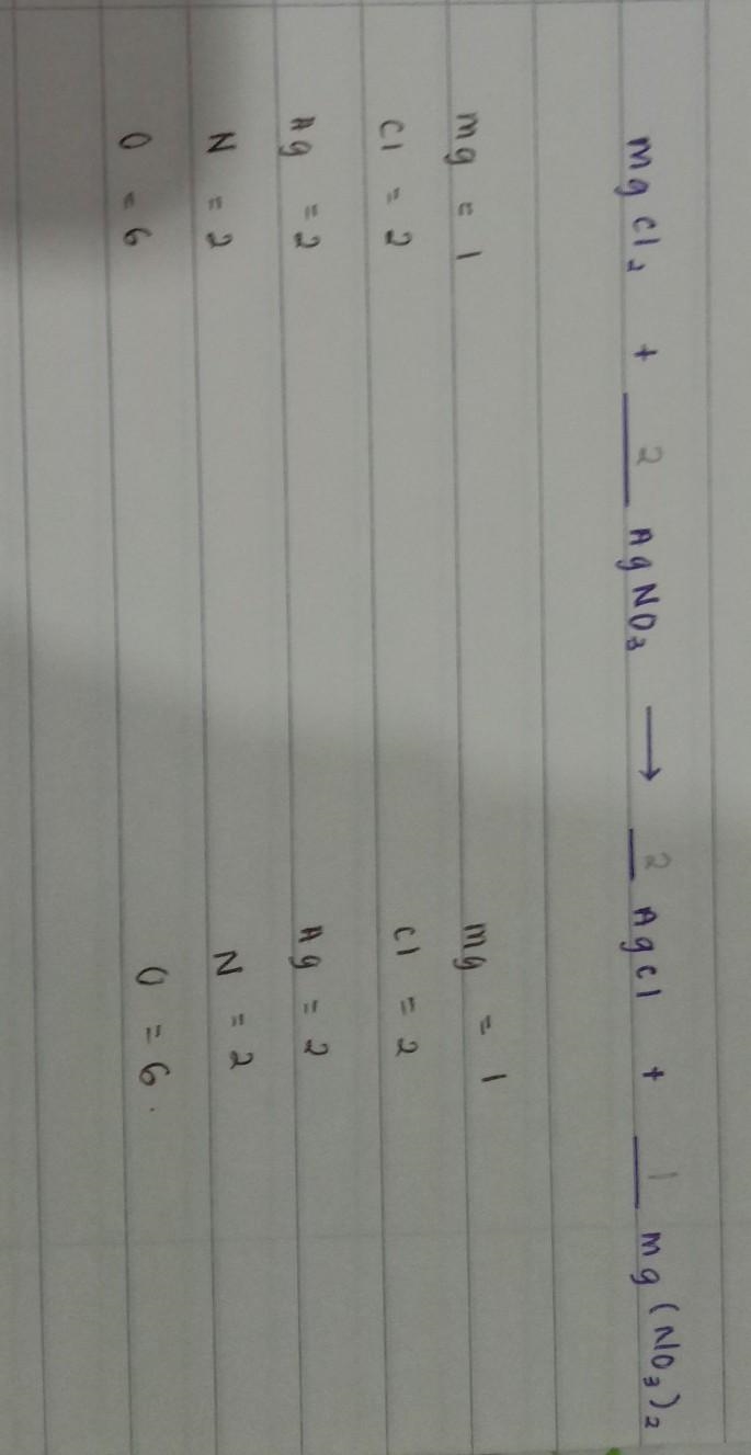 Balance the following equation. ______ MgCl 2 + _____ AgNO 3 → _____ AgCl + ____ Mg-example-1