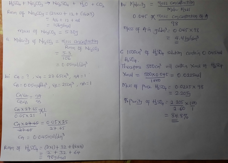 A contains 2.60g of impure h2so4 in 5oocm³ of a solution 5.30g of na2co3 in 1.00dm-example-1