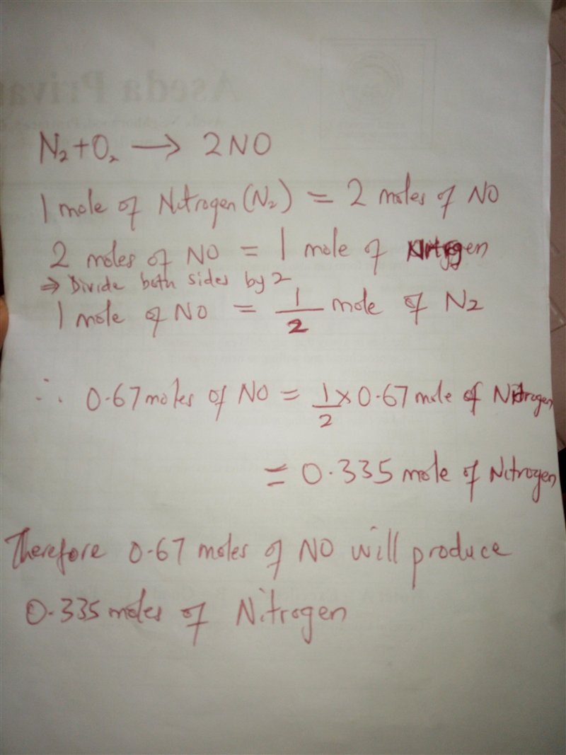 How many moles of nitrogen are in .67 moles of Nitrogen oxide (NO)-example-1