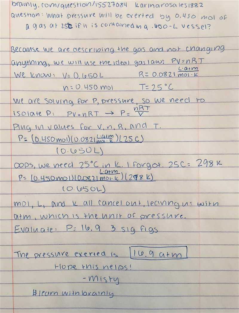 What pressure will be exerted by 0.450 mol of a gas at 25°C if it is contained in-example-1