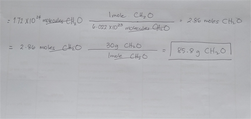 Calculate the mass in grams of 1.72×10^24 molecules of formaldehyde. The chemical-example-1