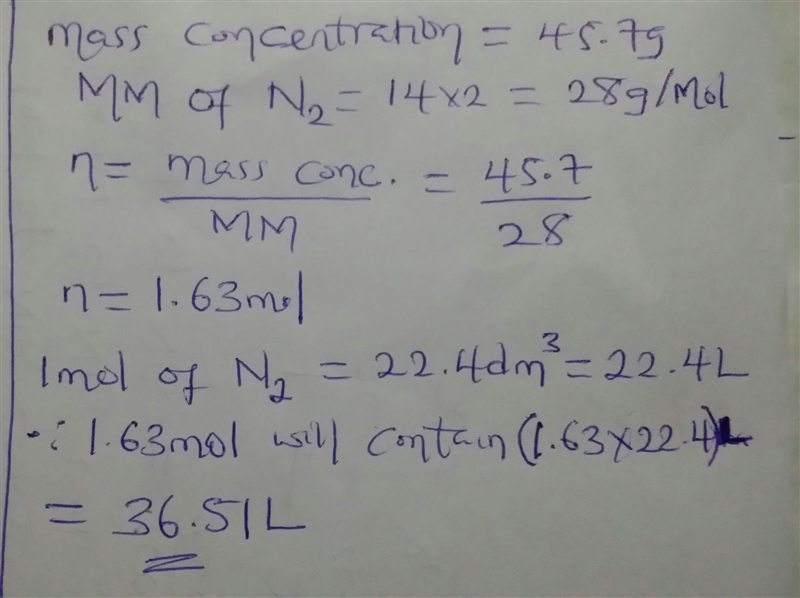 How many liters does 45.7g of nitrogen gas fill at stp-example-1