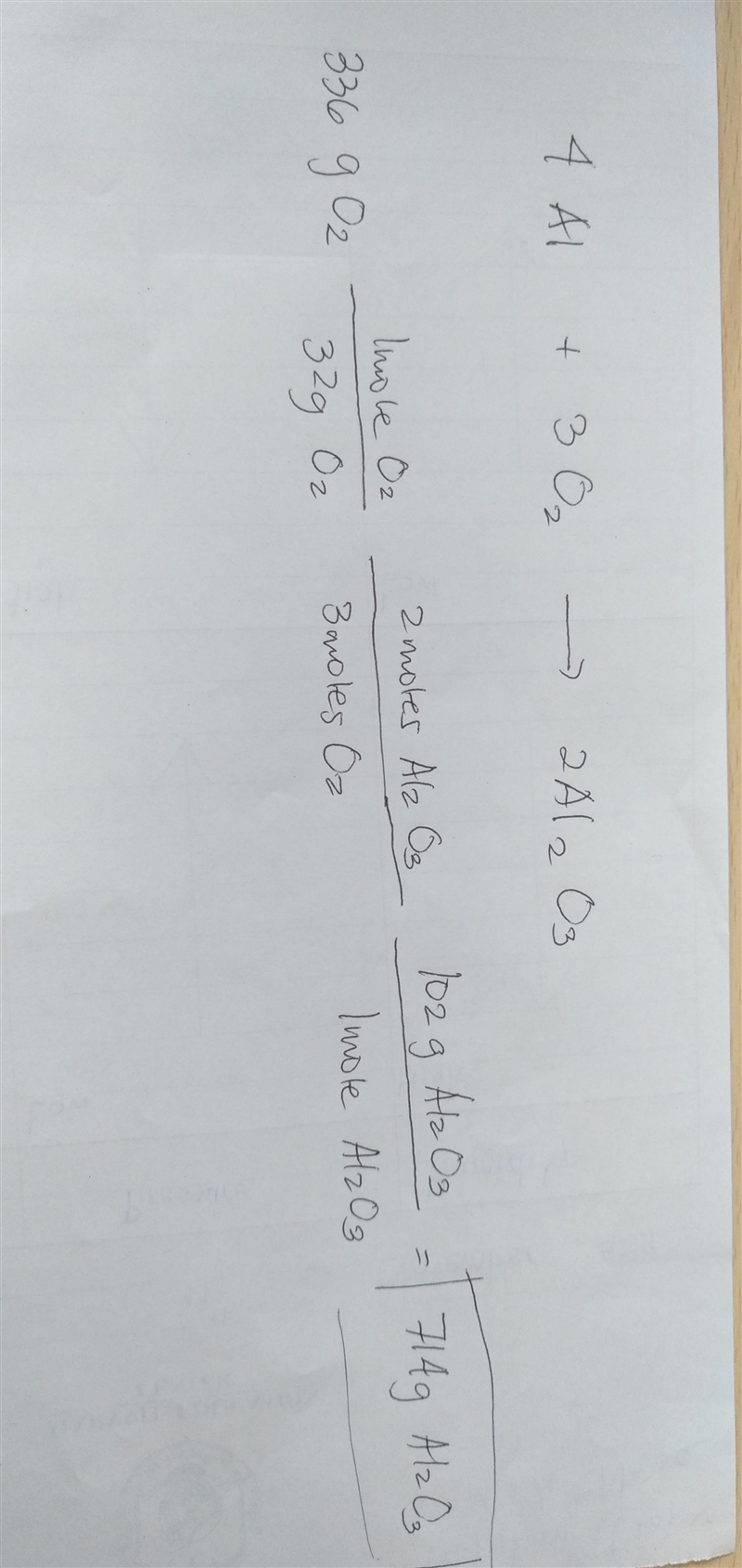 How many grams of aluminum can react with 336g oxygen? 4Al + 3O2 --> 2Al2O3-example-1