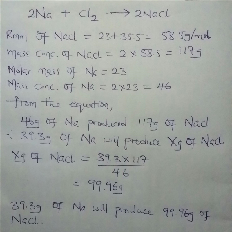 Sodium reacts with chloride gas to form sodium chloride. If you had 39.3 grams of-example-1