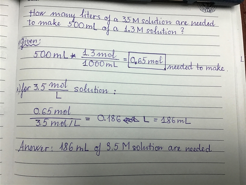 How many liters of a 3.5 M solution are needed to make 500 mL of a 1.3 M solution-example-1