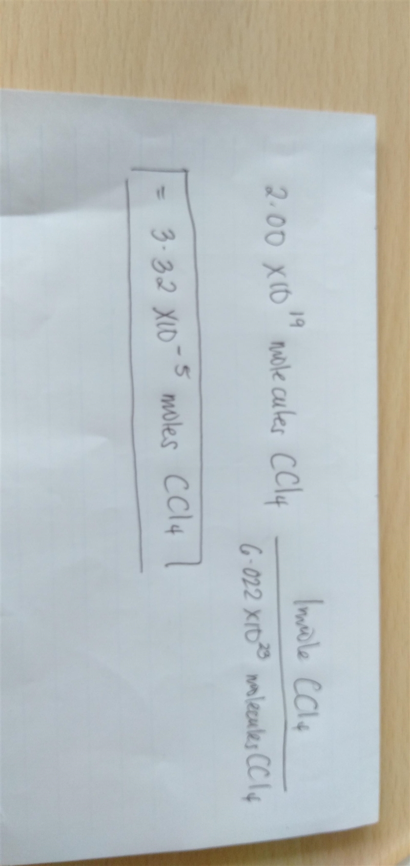 How many moles are there in 2.00 * 10^19 molecules of CCl4? *Show work please*-example-1