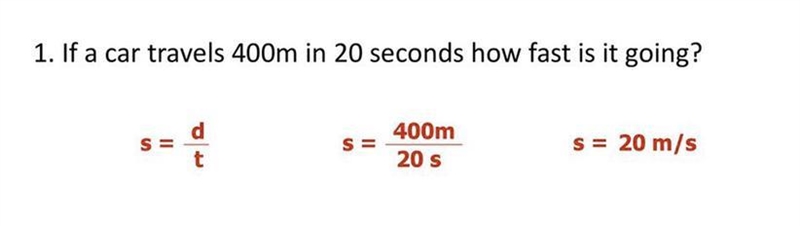 If a car travels 400m in 20 seconds, how fast is it going-example-1