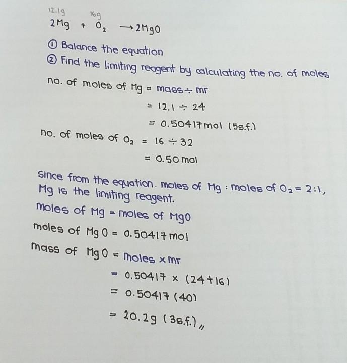 1. How much magnesium oxide is produced if 12.1 g of magnesium reacts with 16 g of-example-1