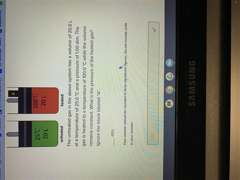 Unheated heated The unheated gas in the above system has a volume of 20.0L at a temperature-example-1