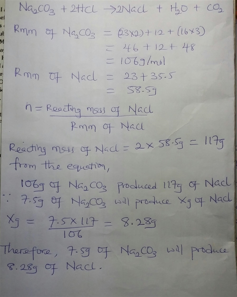 What mass of sodium chloride (NaCl) forms when 7.5 g of sodium carbonate (Na2CO3) reacts-example-1