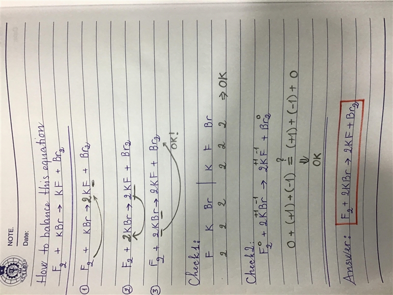 Add numbers in front of the symbols formulas to balance the equations 3) F2+KBr—&gt-example-1