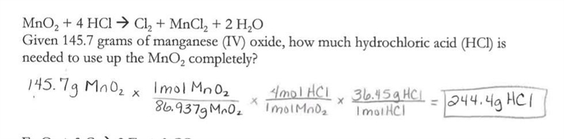 MnO2 + 4 HCI + Cl2 + MnCl2 + 2 H20 Given 145.7 grams of manganese (IV) oxide, how-example-1