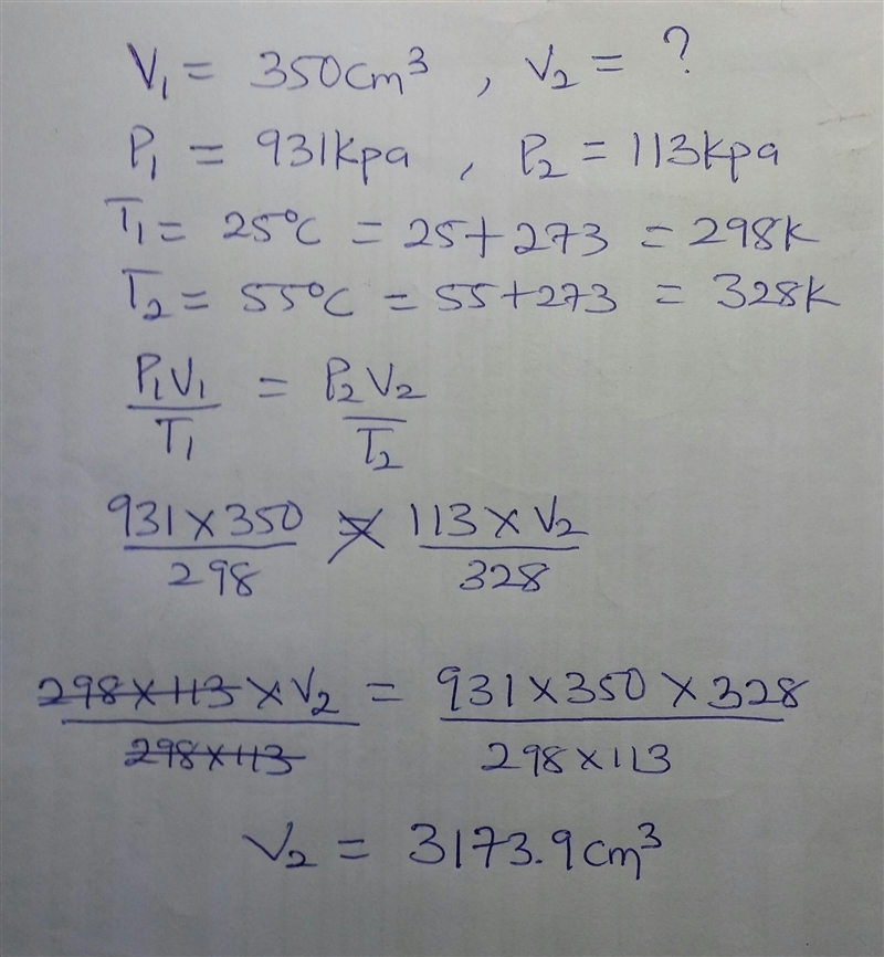 2. A cylinder of compressed gas has a volume of 350 cm3 and a pressure of 931 kPa-example-1