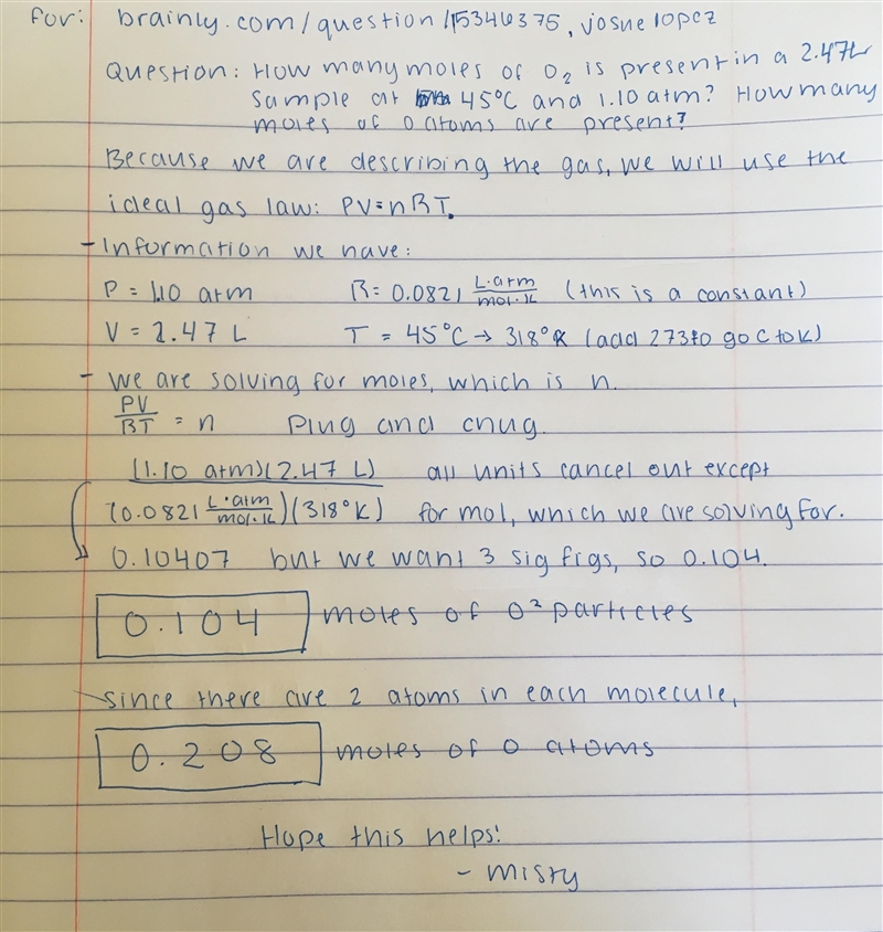 how many moles of O2 is present in a 2.47L sample at 45oC and 1.10atm? how many moles-example-1