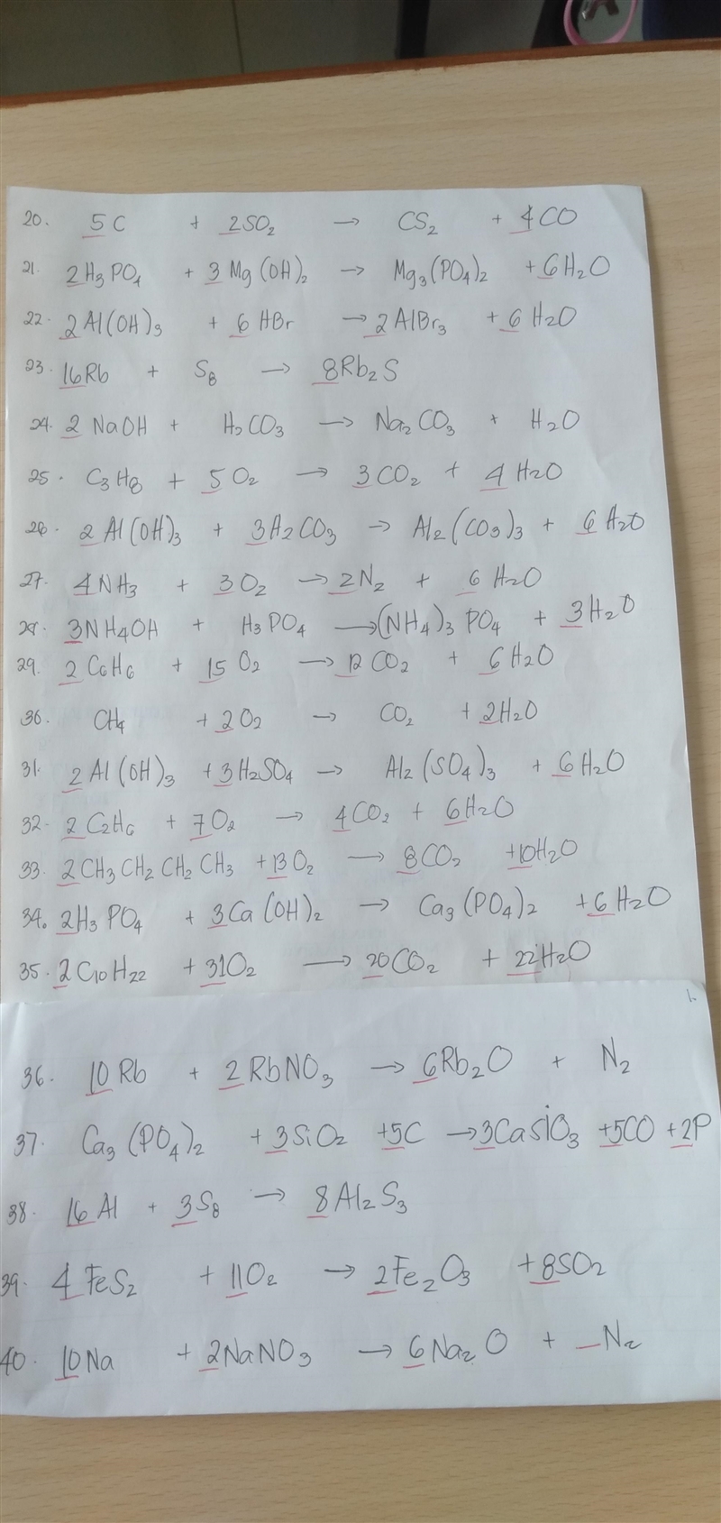 Need help balancing equations all 20 to 40 please attach work-example-1