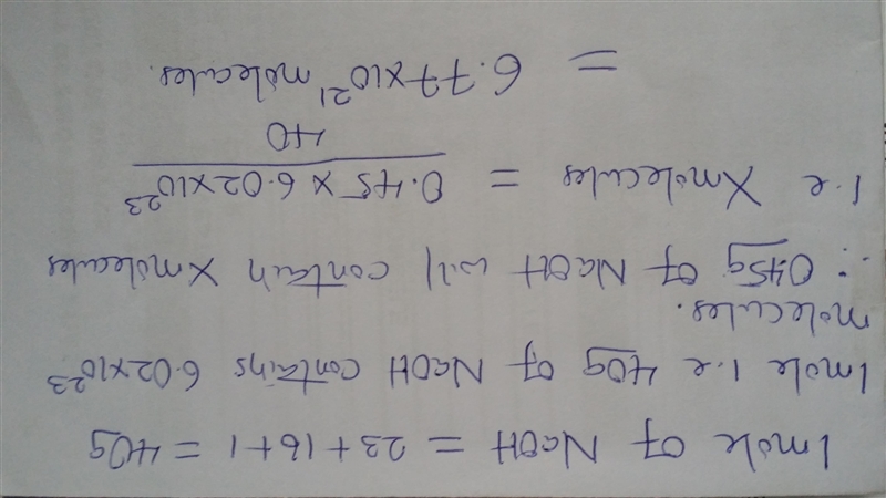 Convert 0.45 g of sodium hydroxide, NaOH, into molecules​-example-1