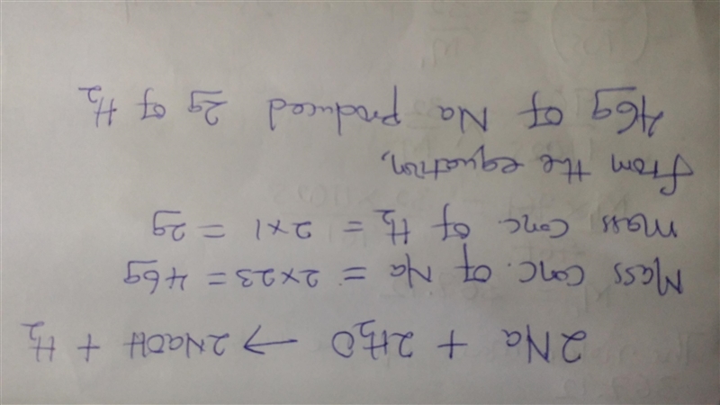 What mass of hydrogen gas would be produced if 46g of sodium was reacted with water-example-1