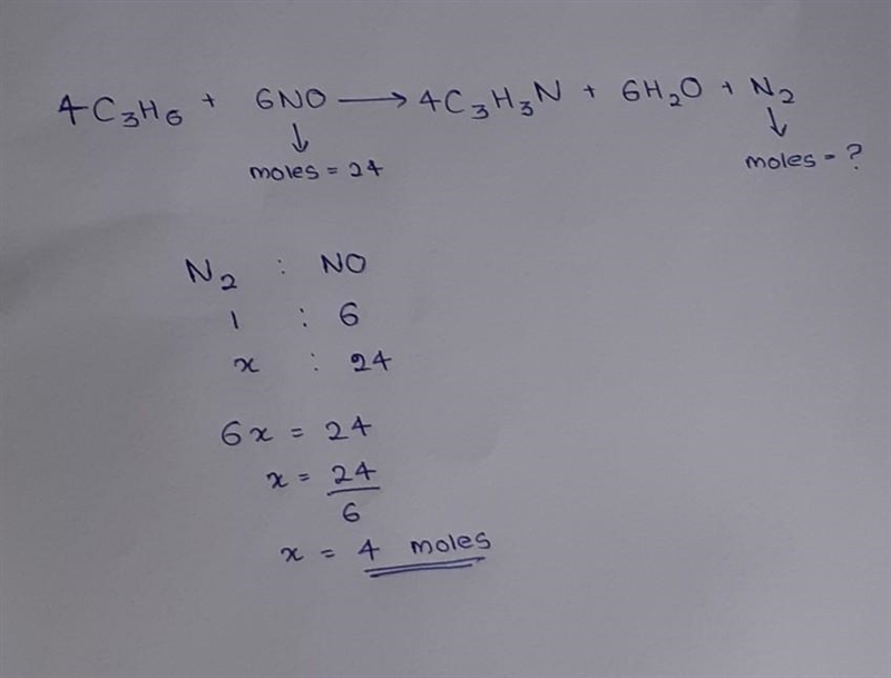 4 C3H6 + 6 NO --> 4 C3H3N + 6 H2O + N2 If 24 moles of NO react, how many moles-example-1